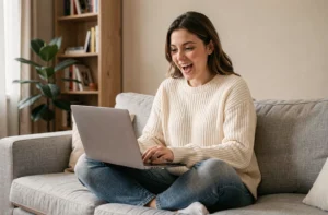 Jeune femme jouant à des jeux en ligne sur son ordinateur portable depuis son canapé à la maison