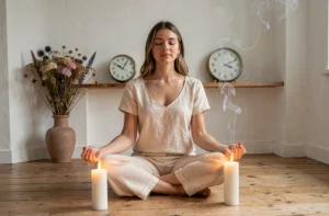 Femme méditant devant deux bougies blanches avec une horloge affichant 22h10, symbolisant l'heure miroir et les flammes jumelles