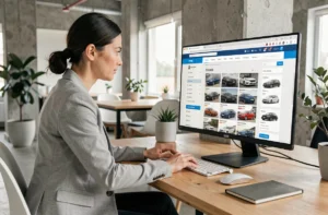 Une femme naviguant sur un site automobile moderne depuis son bureau, explorant la structure de navigation et les catégories de véhicules