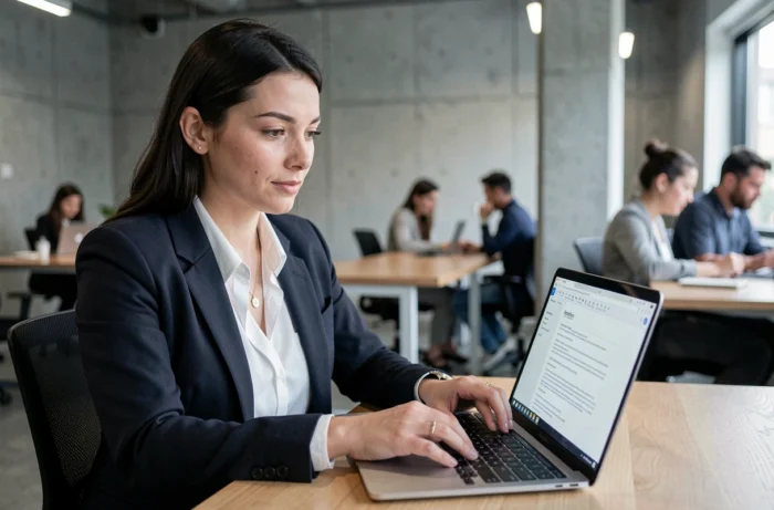 Femme professionnelle révisant son CV sur un ordinateur portable dans un espace de coworking moderne, illustrant la recherche d'emploi en 2024