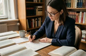 Femme concentrée révisant les règles de grammaire française avec des notes manuscrites et des livres de conjugaison ouverts sur un bureau en bois