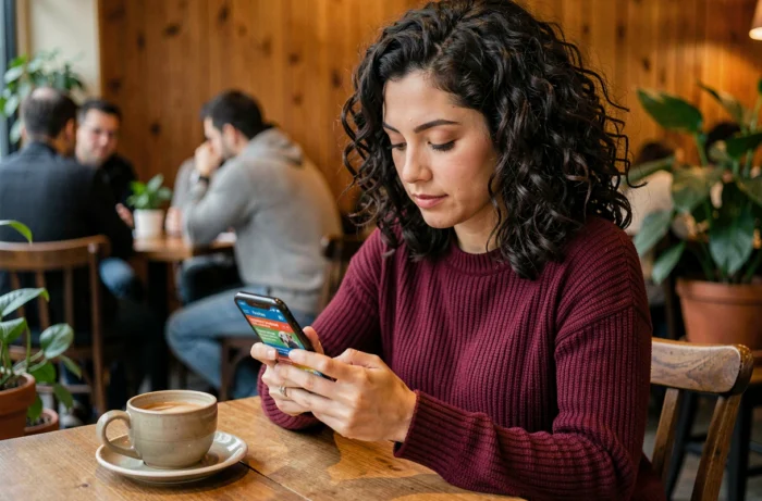 Jeune femme consultant les journées mondiales sur son smartphone dans un café urbain