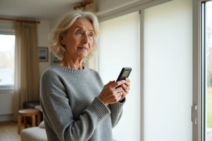 Femme tenant une télécommande Simu de volet roulant et tentant de la faire fonctionner dans un salon moderne