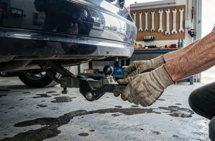 Gros plan sur les mains fixant le mécanisme de verrouillage d'un coffre sur boule d'attelage dans un garage