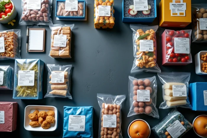 Vue aérienne de produits surgelés Picard et Thiriet disposés côte à côte pour un comparatif consommateur