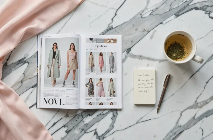 Flat lay éditorial avec magazine, smartphone affichant le site Miss Marion, carnet et tasse de thé sur marbre