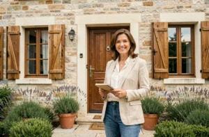 Femme propriétaire souriante devant sa résidence principale, illustrant les astuces pour monétiser son logement