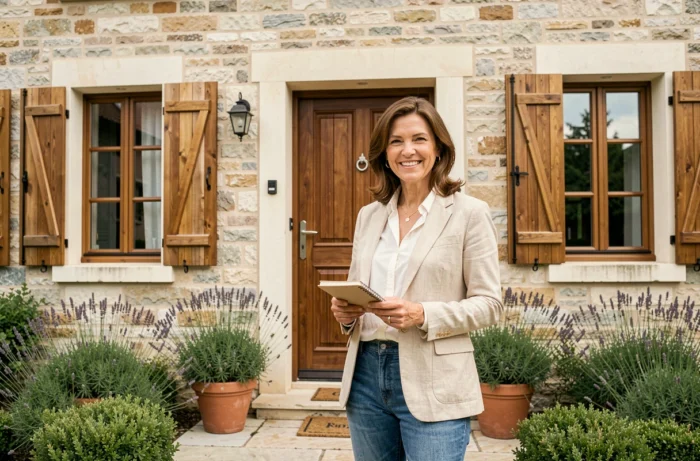 Femme propriétaire souriante devant sa résidence principale, illustrant les astuces pour monétiser son logement
