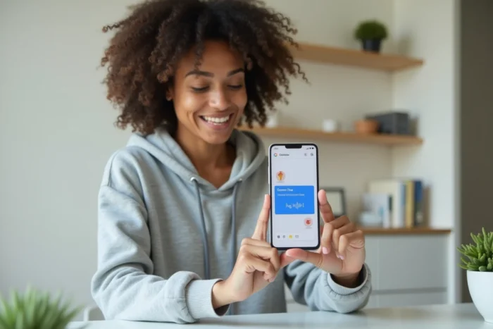 Femme utilisant Google Traduction avec Gemini Live Translate sur son smartphone Android