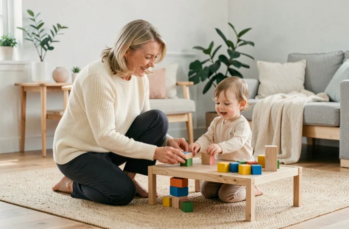 Grand-mère jouant avec des cubes en bois avec un tout-petit dans un salon scandinave épuré et chaleureux