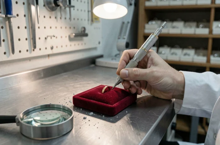 Bijoutier gravant un mot court sur une alliance en or dans un atelier de joaillerie professionnel