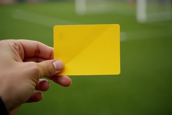 Gros plan sur un carton jaune officiel tenu par un arbitre lors d'une Coupe du monde de football