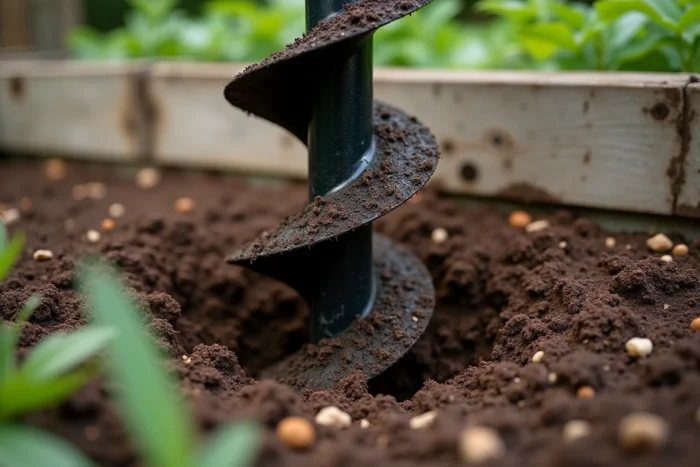 Gros plan de la mèche d'une tarière thermique pénétrant dans le sol humide lors d'un forage de trou