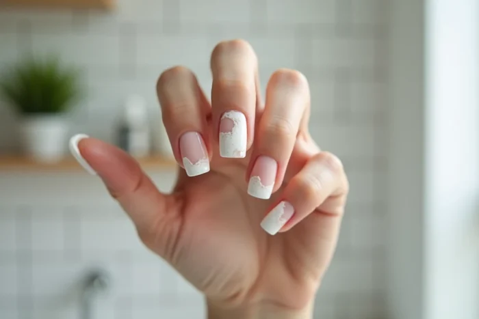 Gros plan d'une main montrant des ongles gel avec décoloration blanche et soulèvement dans un contexte domestique