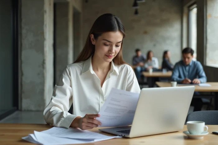 Jeune femme suivant un guide étape par étape pour réinitialiser un mot de passe oublié sur un espace client immobilier