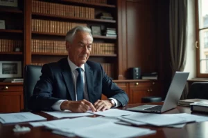 Homme d'affaires en costume sombre examinant des documents financiers dans un bureau exécutif parisien, illustration d'une enquête sur une fortune cachée
