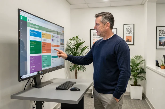 Homme d'une quarantaine d'années utilisant une application numérique de recherche d'emploi sur un grand écran tactile dans un centre de carrière moderne