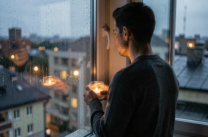 Homme tenant une bougie près d'une fenêtre nocturne avec son reflet visible dans la vitre, illustration poétique de la connexion spirituelle des âmes jumelles