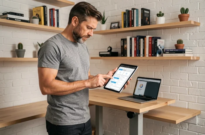 Homme debout dans un bureau à domicile consultant une tablette pour trouver des alternatives à des plateformes web comme Skynet System
