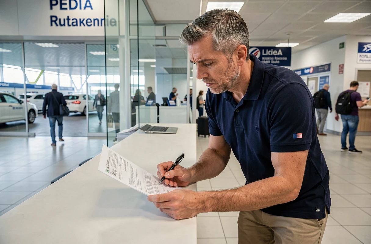 Homme examinant attentivement un contrat de location de voiture dans un aéroport italien pour éviter les amendes