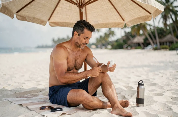 Homme appliquant de la crème solaire sous un parasol de plage, rappelant l'importance de la protection solaire même à l'ombre