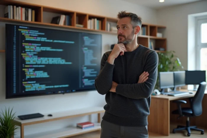 Homme d'affaires en reconversion numérique étudiant des tutoriels de développement professionnel dans un bureau à domicile