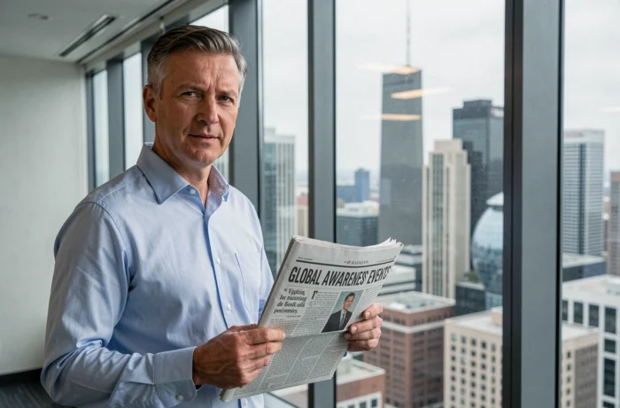 Homme d'affaires lisant un journal sur les journées mondiales devant une fenêtre avec vue sur la ville