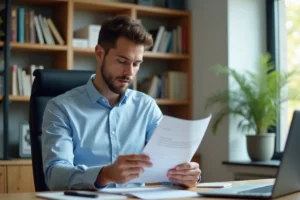 Jeune homme en tenue professionnelle relisant son CV à son bureau pour valoriser son service militaire