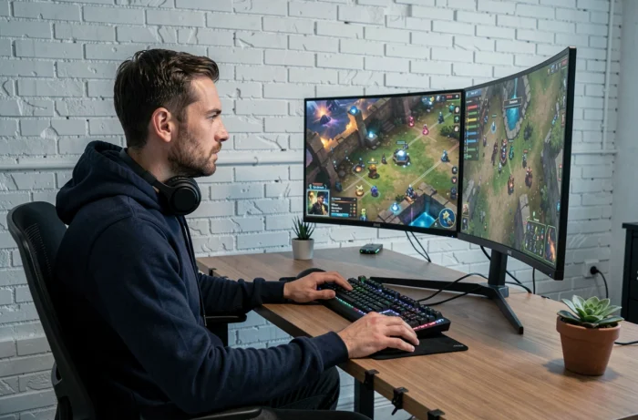 Homme adulte concentré devant son setup gaming avec écran incurvé dans un bureau moderne à domicile