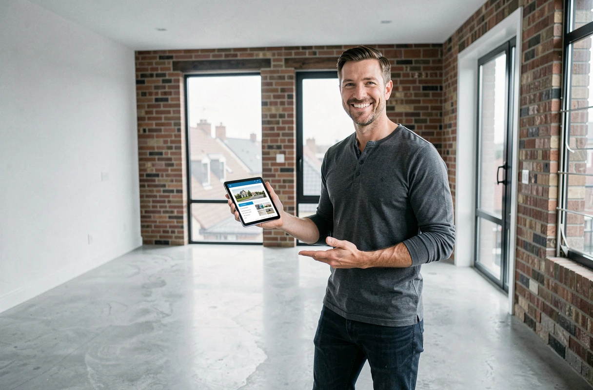 Homme tenant une tablette avec une plateforme immobilière dans un appartement rénové moderne à vendre