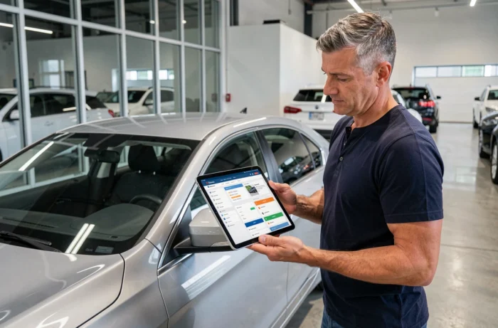 Un homme consultant un site automobile structuré sur une tablette dans un showroom de voitures modernes