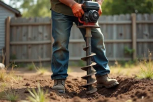 Homme utilisant une tarière thermique pour creuser un trou d'un mètre dans un jardin avec sol argileux