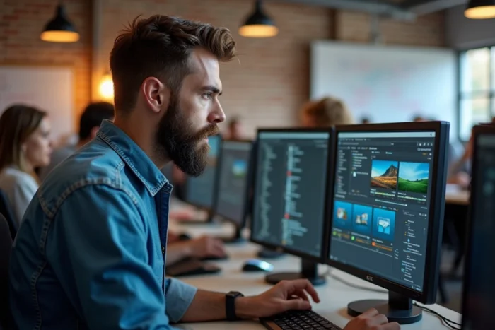 Homme barbu travaillant sur Ubuntu avec des outils open-source de conversion de formats vidéo et audio dans un espace de coworking