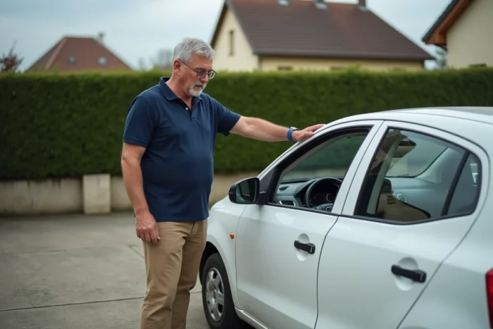 Homme inspectant le tableau de bord d'une voiture sans permis dans une allée résidentielle