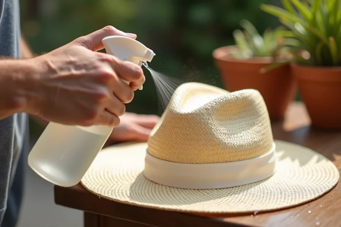 Mains vaporisant légèrement de l'eau sur la bande intérieure d'un chapeau de paille avant de sortir
