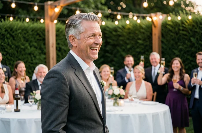 Marié souriant livrant un discours humoristique et émouvant lors d'une réception de mariage en jardin
