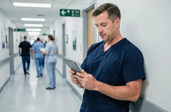 Infirmier consultant des actualités médicales sur tablette dans un couloir d'hôpital moderne