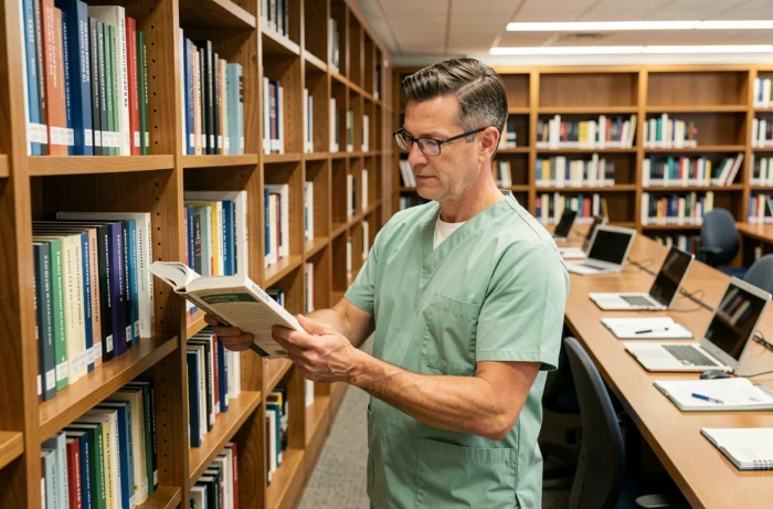 Infirmier recherchant un manuel de référence clinique dans une bibliothèque médicale moderne