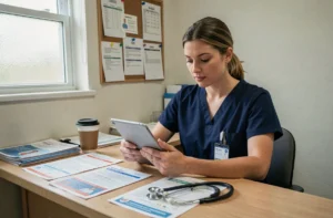 Infirmière consultant des ressources professionnelles sur une tablette dans une salle de pause hospitalière