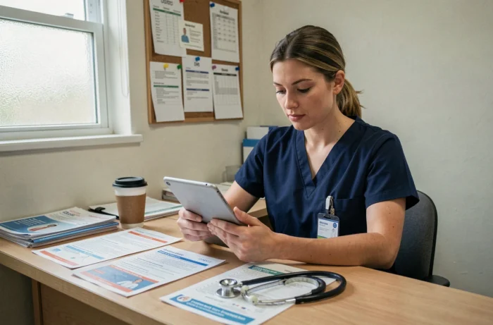Infirmière consultant des ressources professionnelles sur une tablette dans une salle de pause hospitalière