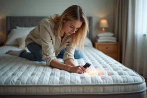 Femme inspectant les coutures d'un matelas pour détecter des punaises de lit dans une chambre à coucher moderne