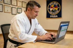 Instructeur de judo en judogi noir ceinture noire gérant les grades sur un ordinateur portable dans un bureau de dojo