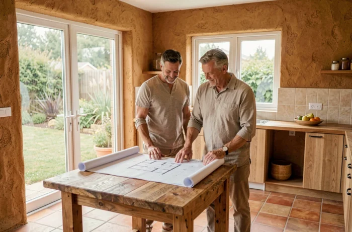 Couple examinant des plans architecturaux dans la cuisine d'une maison écologique avec murs en pisé et matériaux naturels