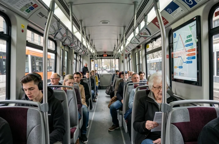 Intérieur du tramway Bordeaux ligne F avec passagers assis et panneau d'affichage des connexions ligne E
