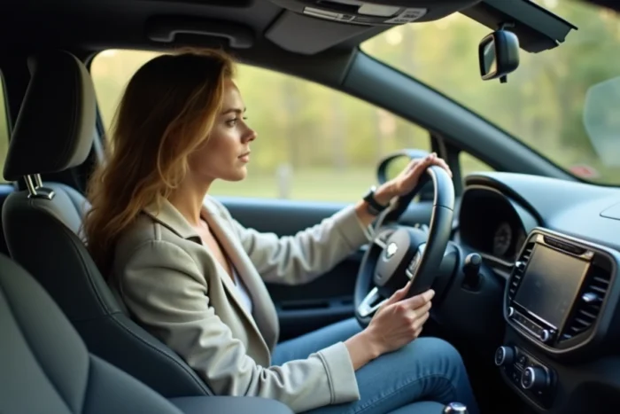 Femme au volant d'une voiture de 9 chevaux fiscaux, intérieur moderne et ergonomique