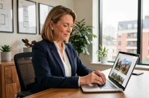 Femme professionnelle consultant des annonces immobilières en ligne sur un ordinateur portable dans un bureau à domicile moderne