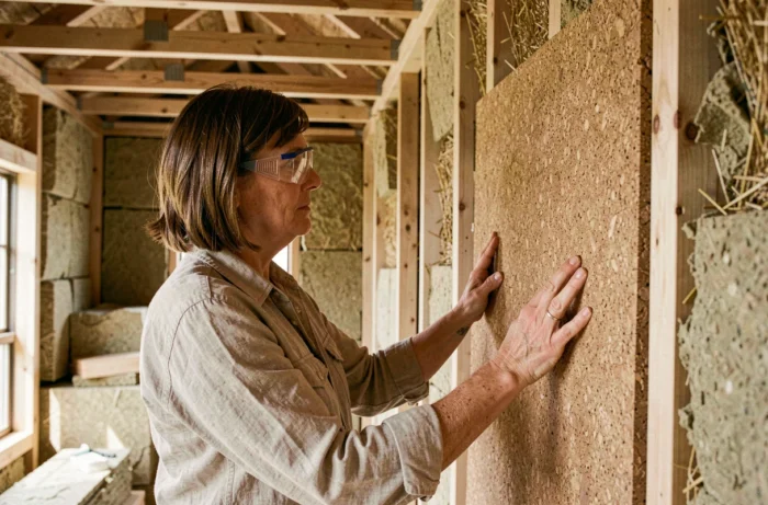 Femme inspectant des panneaux isolants en liège naturel dans une maison écologique en construction à ossature bois