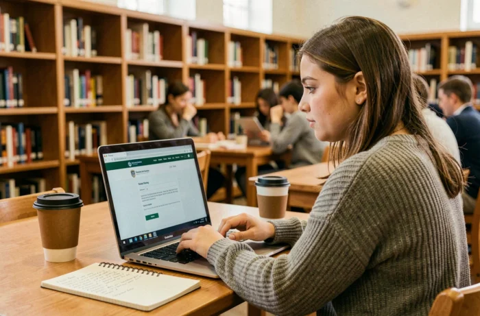 Jeune femme effectuant une demande d'aide à la formation du conseil régional en ligne depuis une bibliothèque universitaire