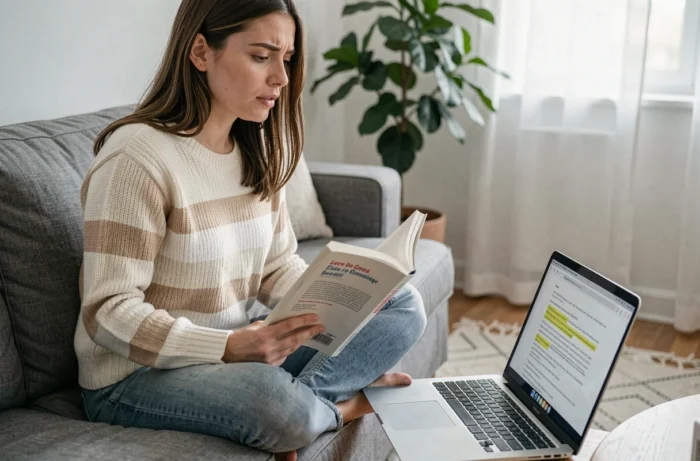 Jeune femme consultant un guide de grammaire française sur un canapé tout en vérifiant une faute d'orthographe sur son ordinateur portable