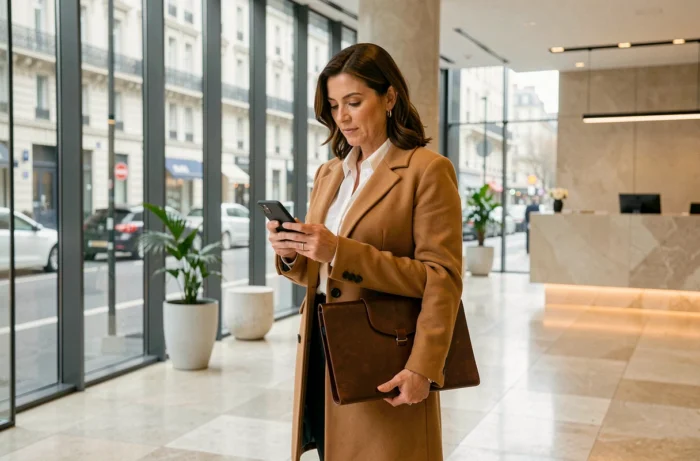Femme journaliste dans le hall d'une entreprise médiatique parisienne, symbolisant la réussite professionnelle et les revenus dans les médias